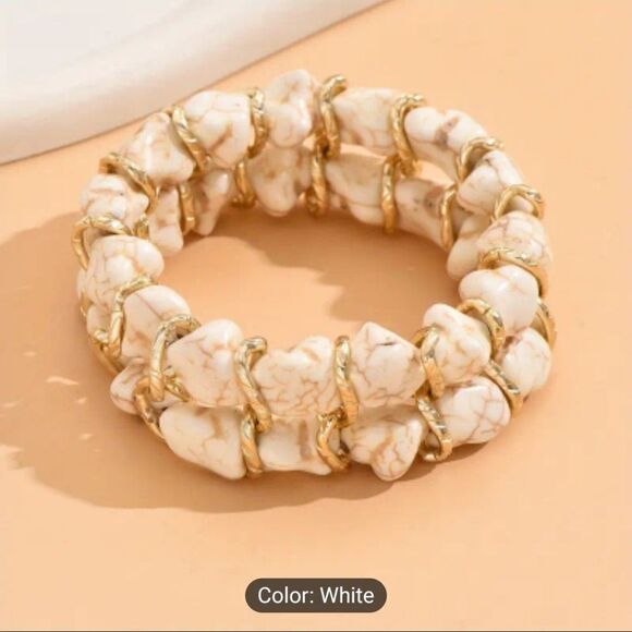Stone bead stretch bracelet white and gold - Picture 3 of 9